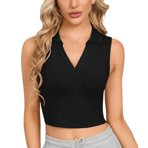 Women's Ribbed Polo Crop Top – Sleeveless V-Neck Collared Tank Top