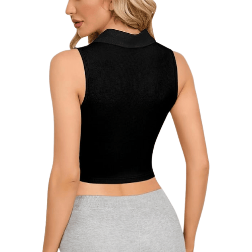 Women's Ribbed Polo Crop Top – Sleeveless V-Neck Collared Tank Top