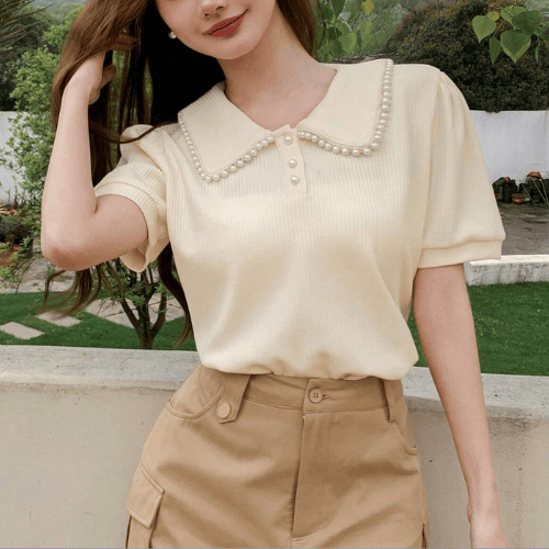 Apricot Puff Sleeve T-Shirt With Pearl Embellished Peter Pan Collar Heritage Polo