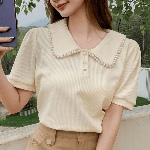 Apricot Puff Sleeve T-Shirt With Pearl Embellished Peter Pan Collar Heritage Polo