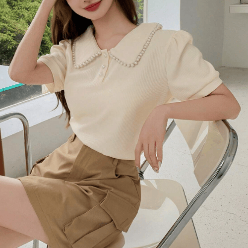 Apricot Puff Sleeve T-Shirt With Pearl Embellished Peter Pan Collar Heritage Polo