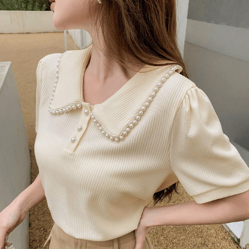 Apricot Puff Sleeve T-Shirt With Pearl Embellished Peter Pan Collar Heritage Polo