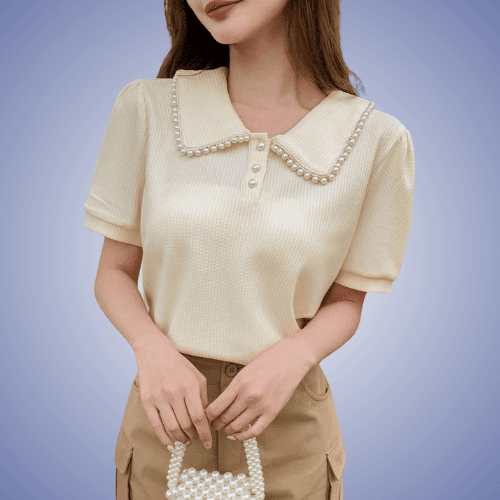 Apricot Puff Sleeve T-Shirt With Pearl Embellished Peter Pan Collar Heritage Polo
