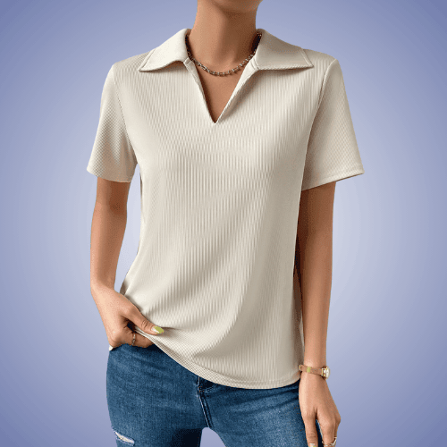 Apricot Ribbed Knit Collared Tee With Short Sleeves And Casual Fit Modernist Polo