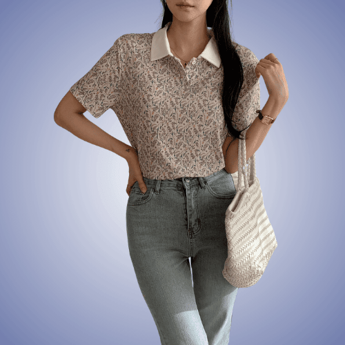 Loose Fit Purple Botanical Print T-Shirt With Stand Collar And Button Front Heritage Polo