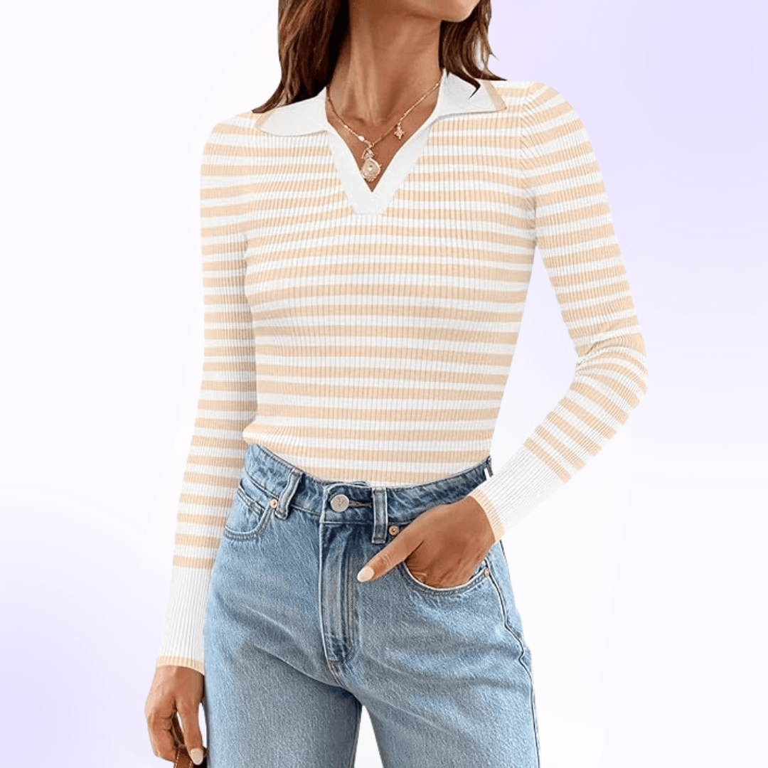 Fitted Ribbed Casual Classic Comfort Slim Fit Striped Long Sleeve Polo