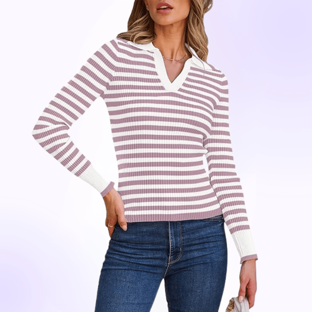Fitted Ribbed Casual Classic Comfort Slim Fit Striped Long Sleeve Polo