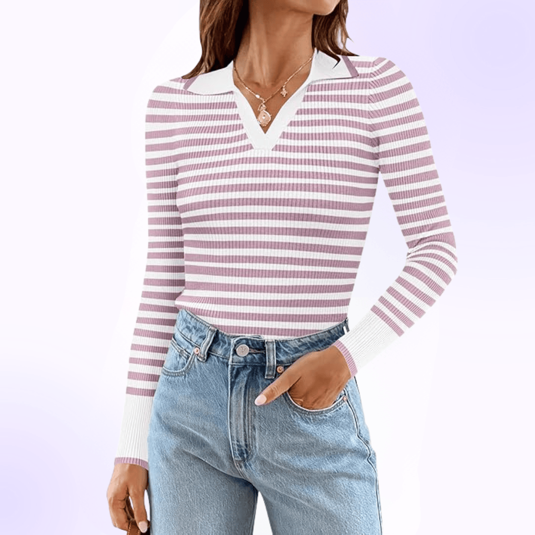 Fitted Ribbed Casual Classic Comfort Slim Fit Striped Long Sleeve Polo