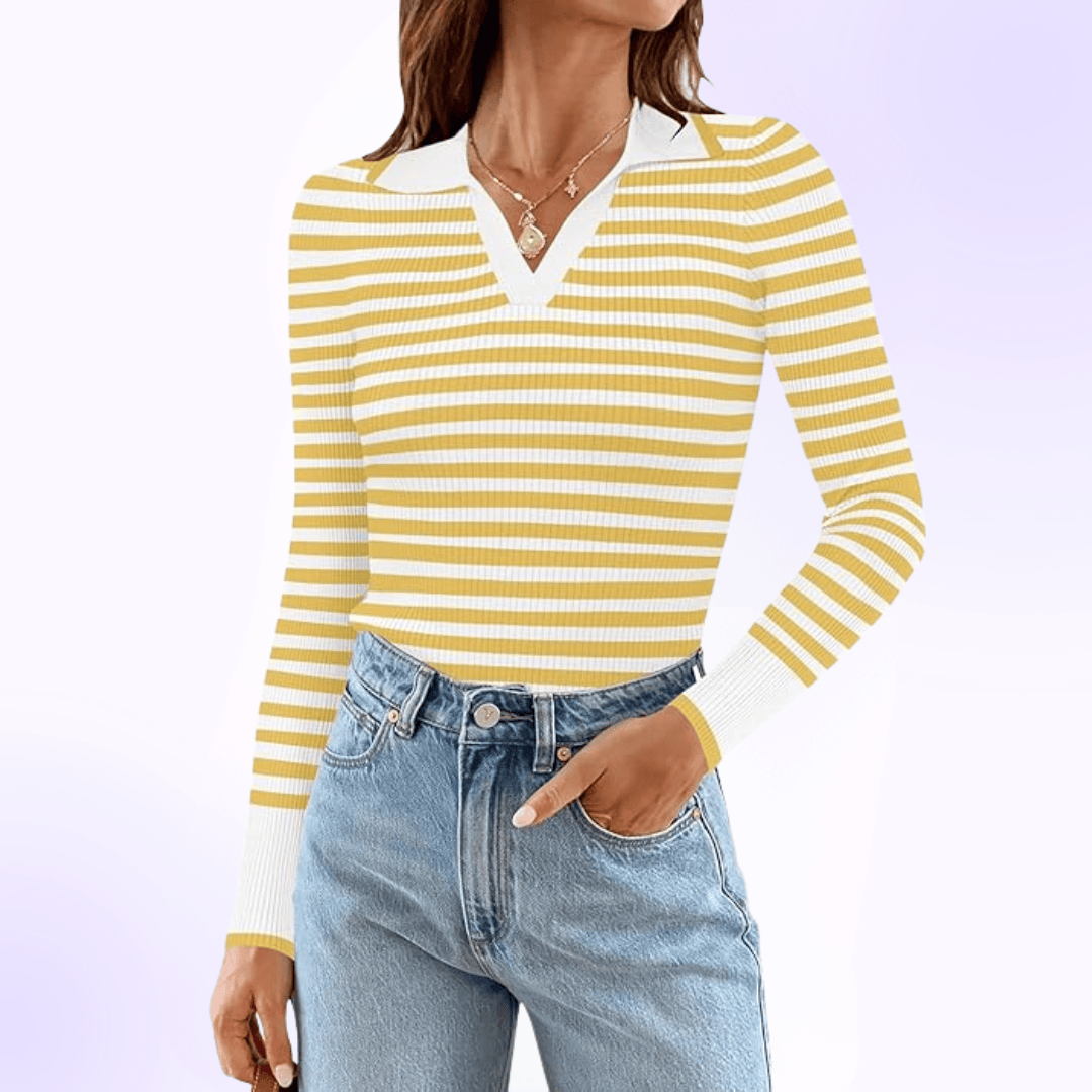 Fitted Ribbed Casual Classic Comfort Slim Fit Striped Long Sleeve Polo