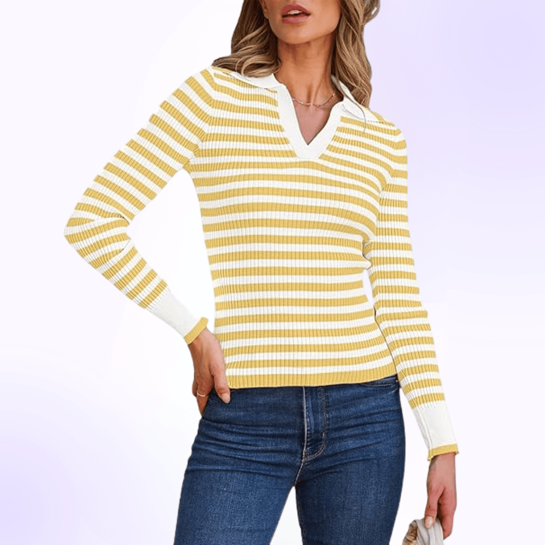 Fitted Ribbed Casual Classic Comfort Slim Fit Striped Long Sleeve Polo